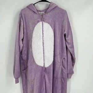 NWT Fuzzy Glitter Purple Unicorn Jumpsuit Adult Size Large